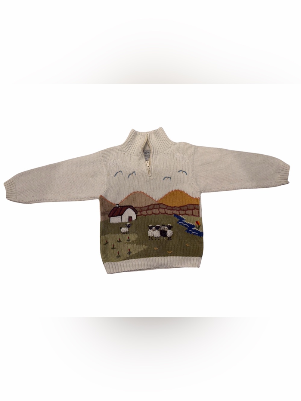 Cream Knit Half-Zip Sweater with Irish Country Side Motif